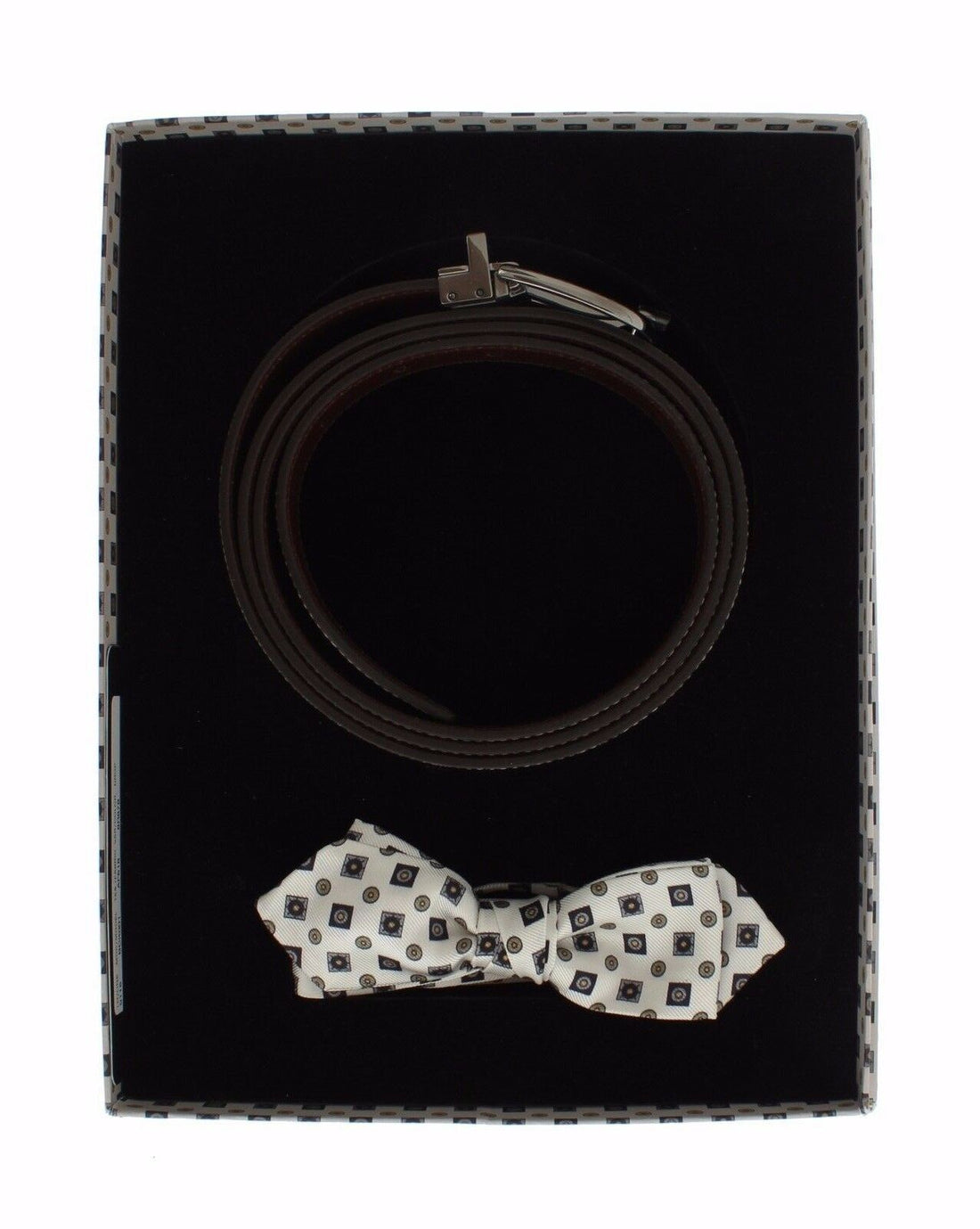 Dolce &amp; Gabbana White Silk Bowtie Leather Men Belt Gift Box