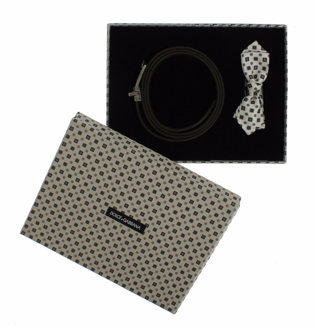 Dolce &amp; Gabbana White Silk Bowtie Leather Men Belt Gift Box