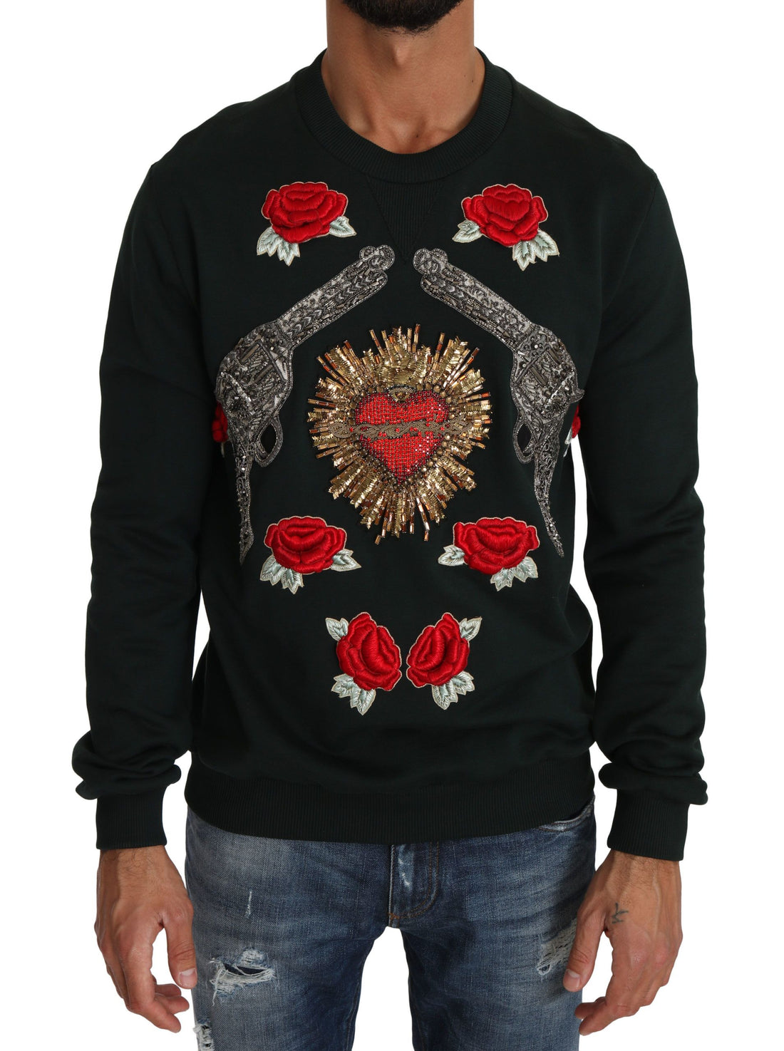 Dolce &amp; Gabbana Green Crystal Heart Roses Gun Sweater