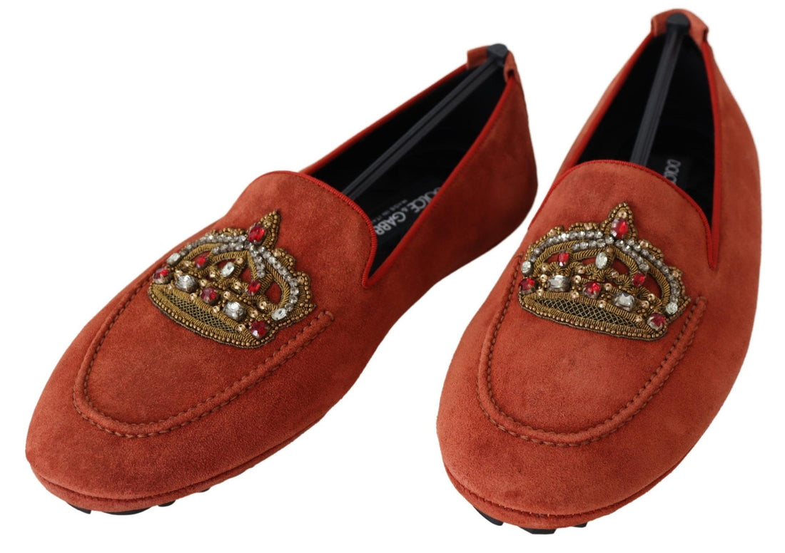 Dolce &amp; Gabbana Orange Leather Crystal Crown  Loafers Shoes