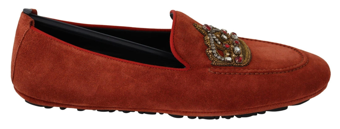 Dolce &amp; Gabbana Orange Leather Crystal Crown  Loafers Shoes
