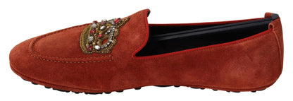 Dolce &amp; Gabbana Orange Leather Crystal Crown  Loafers Shoes