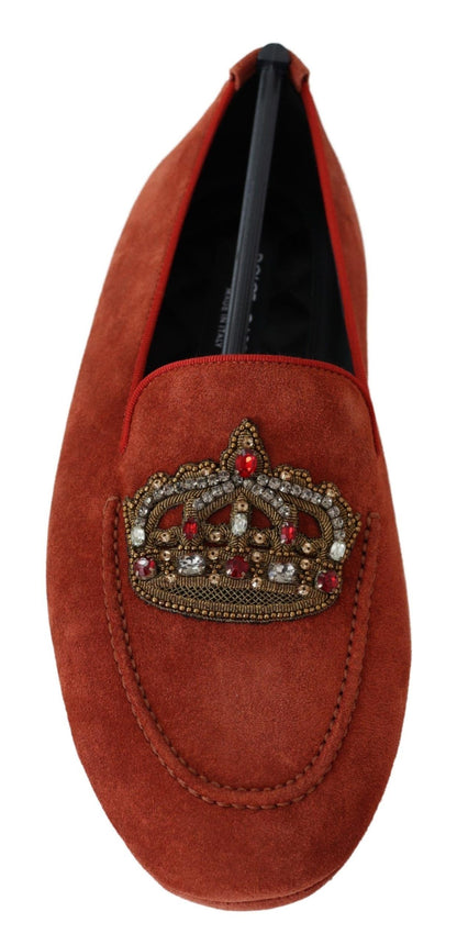 Dolce &amp; Gabbana Orange Leather Crystal Crown  Loafers Shoes