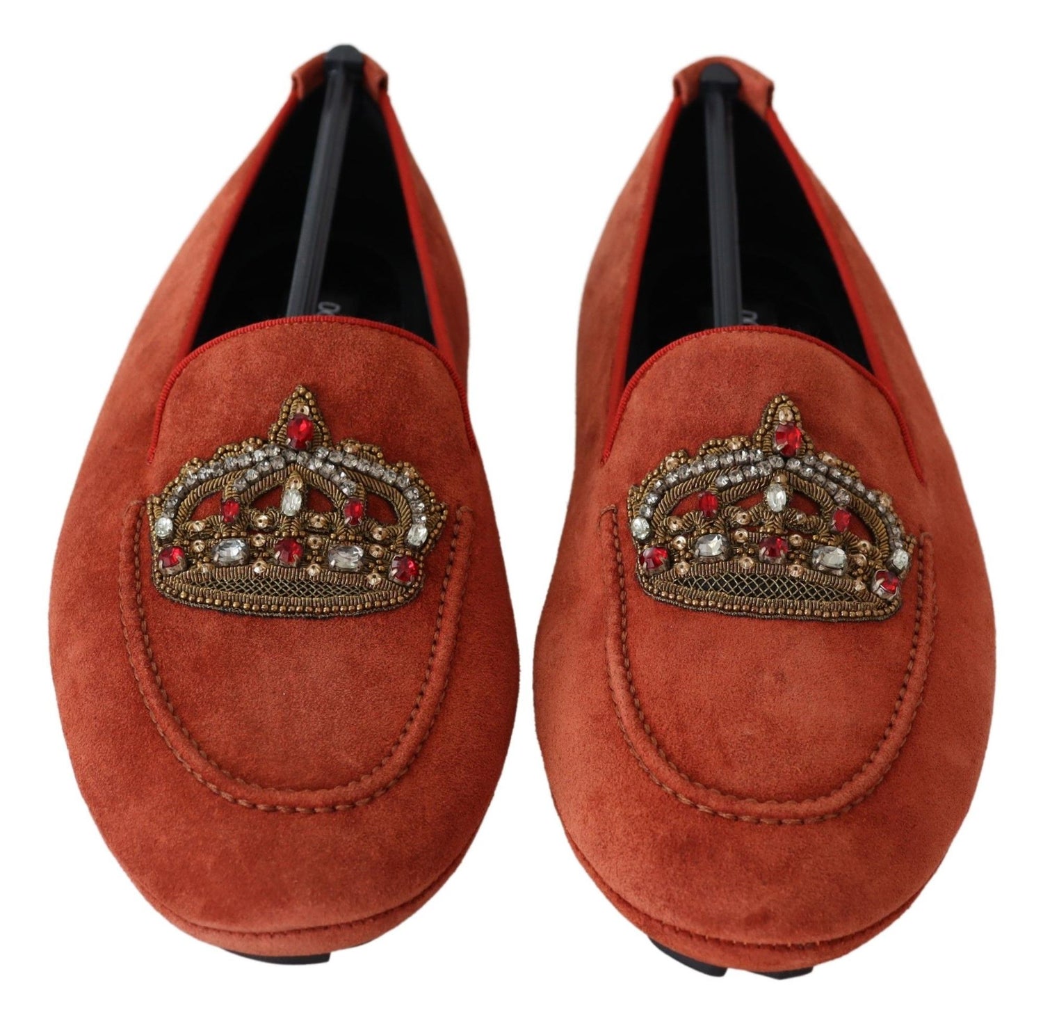 Dolce &amp; Gabbana Orange Leather Crystal Crown  Loafers Shoes