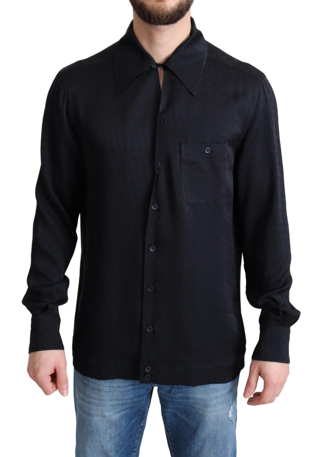 Dolce &amp;amp; Gabbana Svart Jacquard Sidenskjorta Avslappnad Button Down