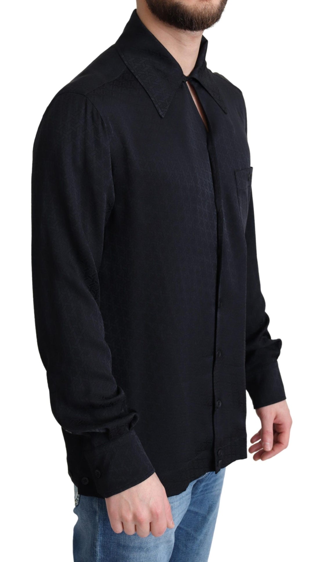 Dolce &amp;amp; Gabbana Svart Jacquard Sidenskjorta Avslappnad Button Down