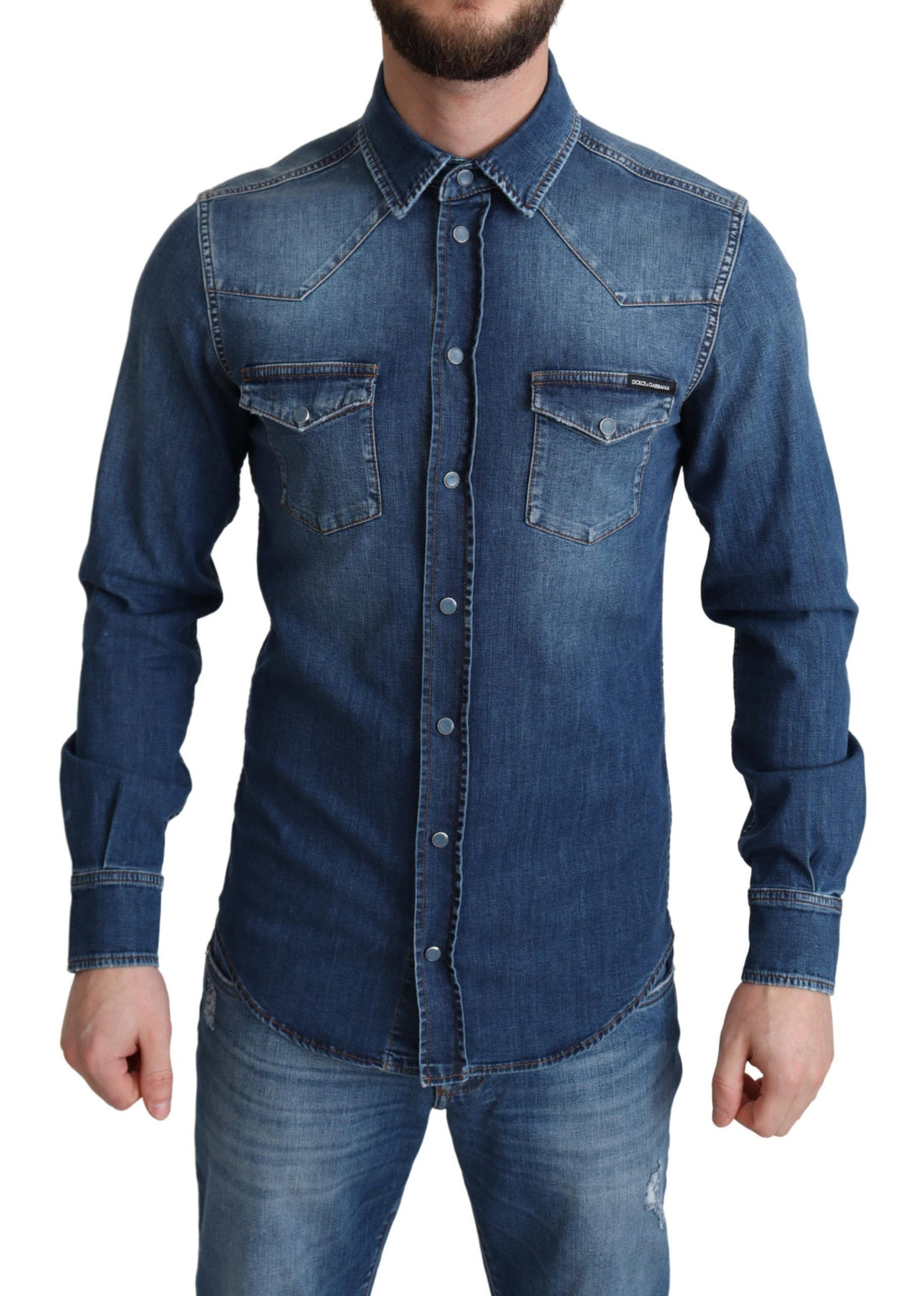 Dolce &amp;amp; Gabbana Blå Bomulls Stretchig Långärmad Denimskjorta
