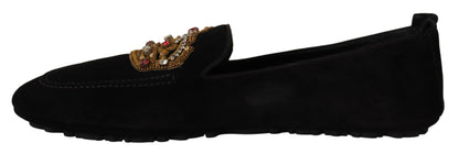 Dolce &amp; Gabbana Black Leather Crystal Gold Crown Loafers Shoes