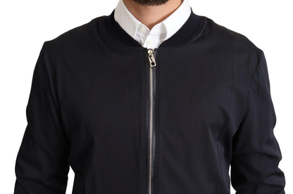 Dolce &amp; Gabbana Blue Silk Coat Short Bomber Men Jacket
