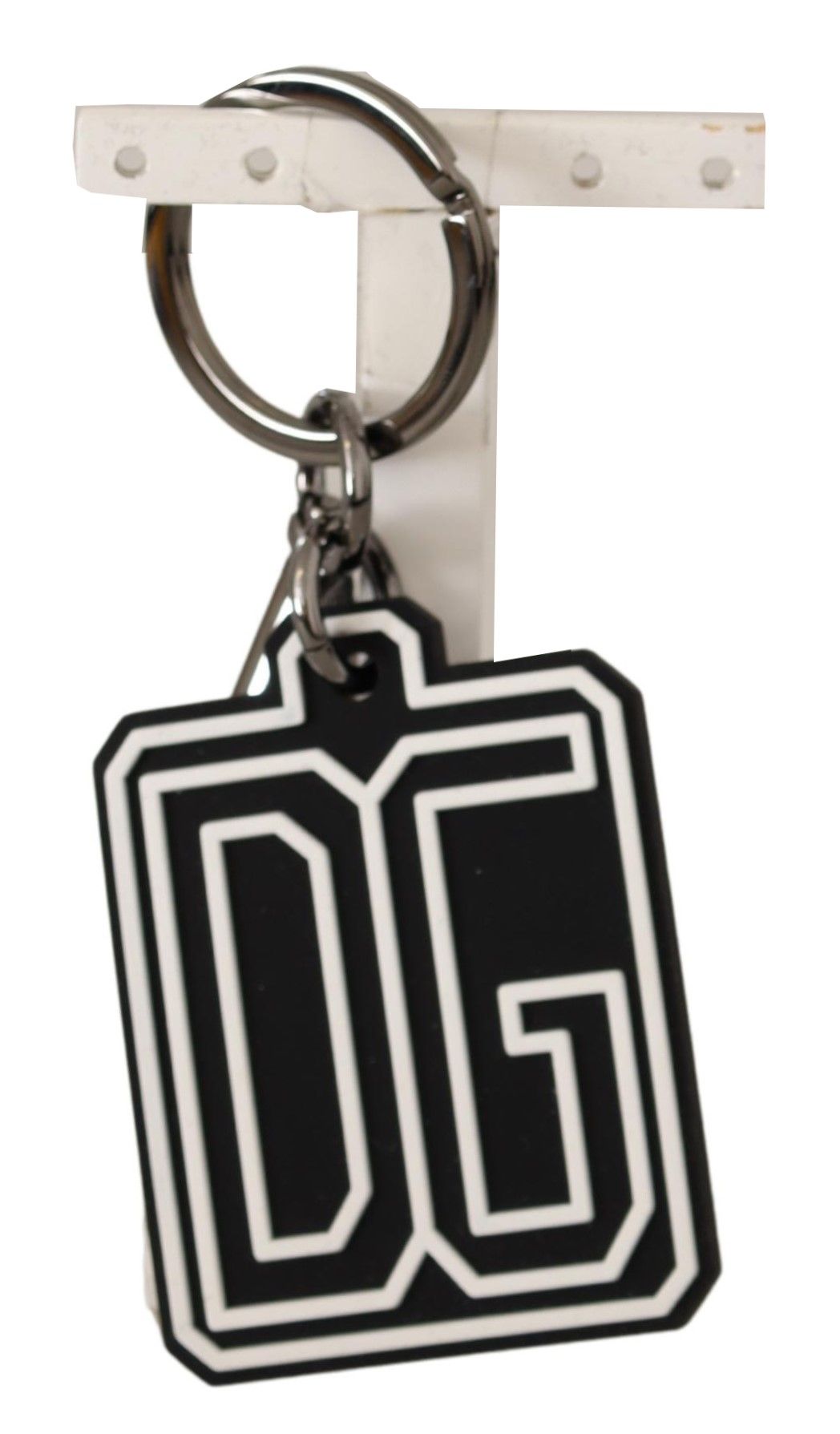 Dolce &amp; Gabbana Black White DG Rubber Logo Silver Ring Keychain