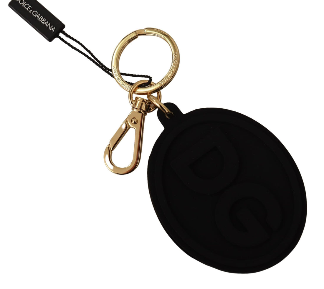 Dolce &amp; Gabbana Black Rubber DG Logo Gold Brass Metal Keyring Keychain