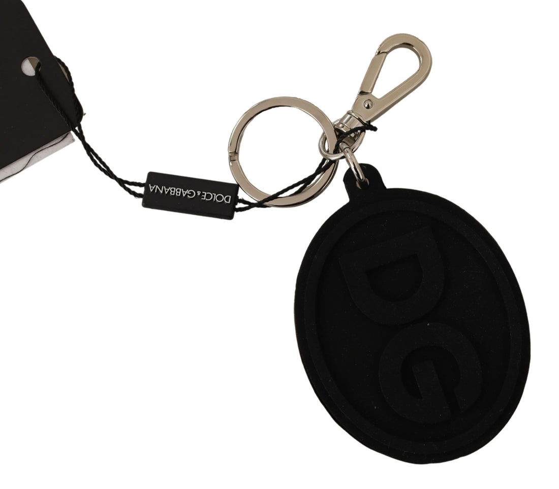 Dolce &amp; Gabbana Black Rubber DG Logo Silver Brass Metal Keychain
