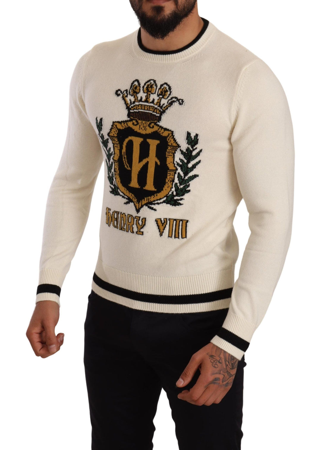 Dolce &amp; Gabbana White Heraldic Cashmere Pullover Sweater