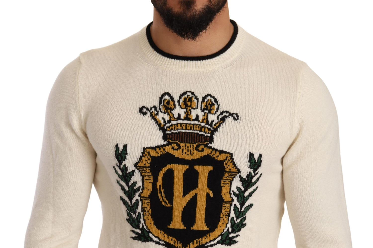 Dolce &amp; Gabbana White Heraldic Cashmere Pullover Sweater