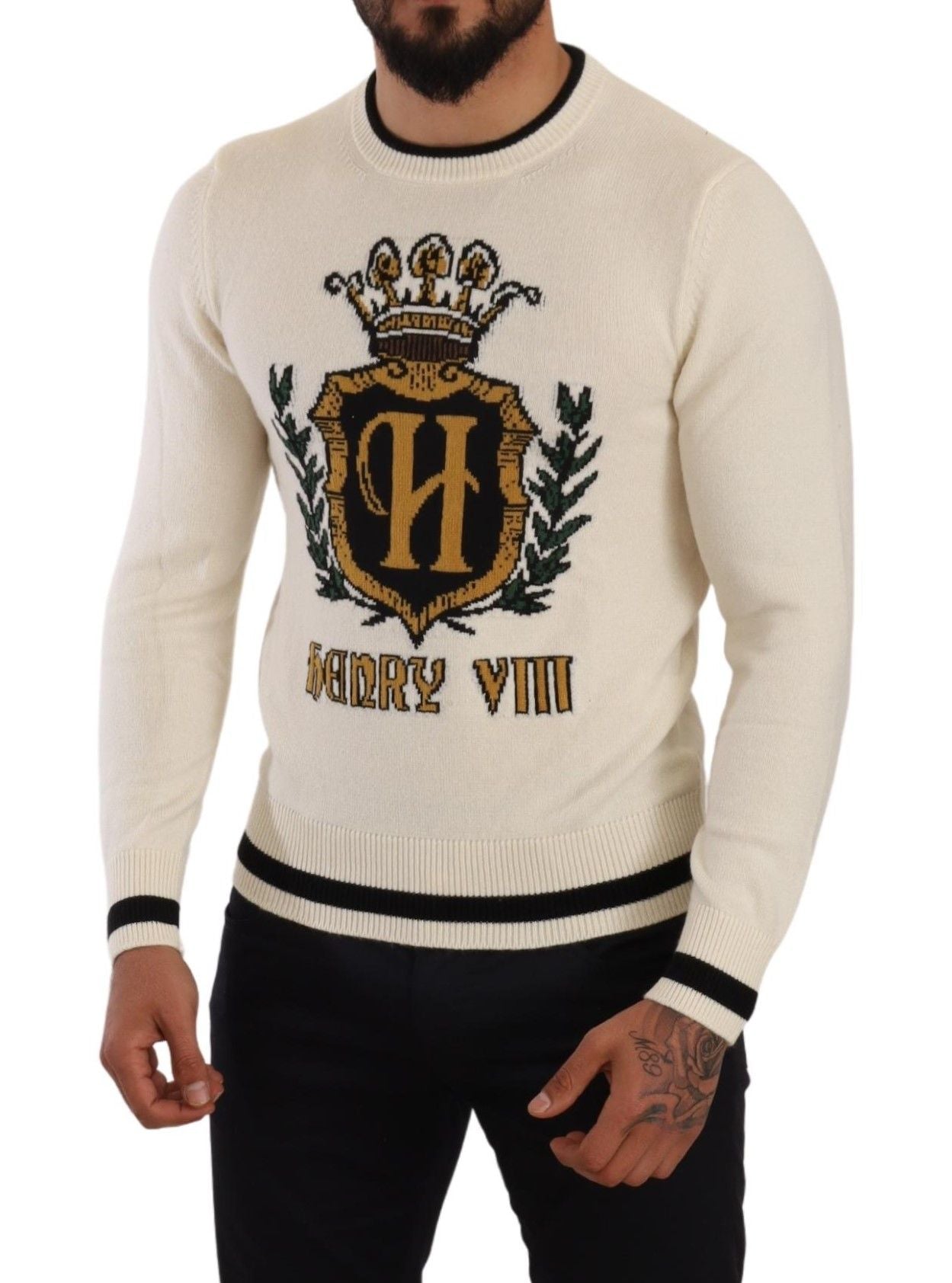Dolce &amp; Gabbana White Heraldic Cashmere Pullover Sweater
