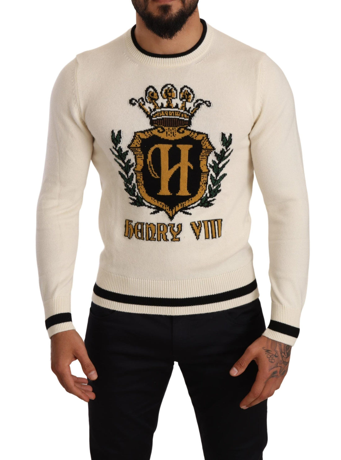 Dolce &amp; Gabbana White Heraldic Cashmere Pullover Sweater