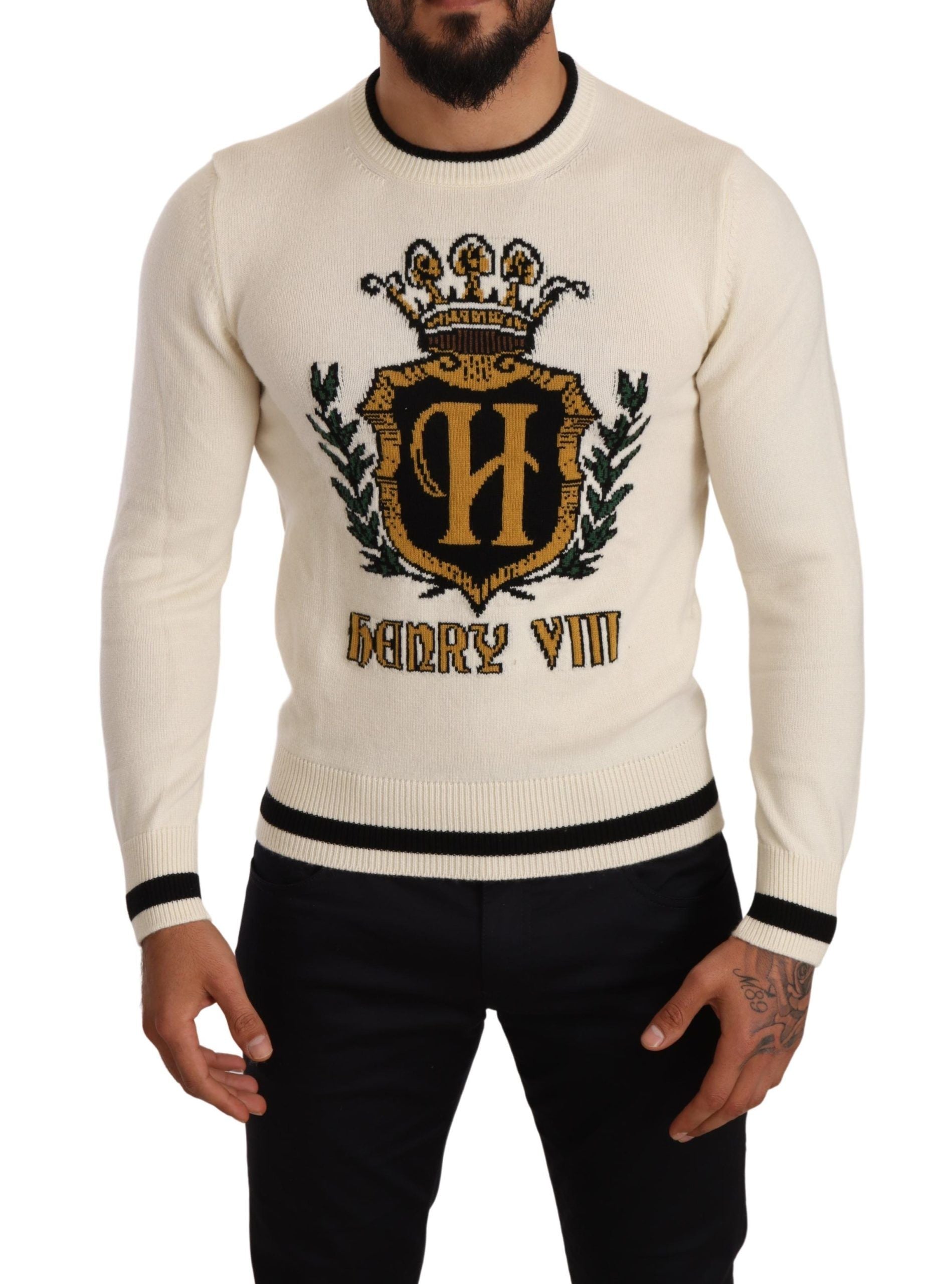 Dolce &amp; Gabbana White Heraldic Cashmere Pullover Sweater