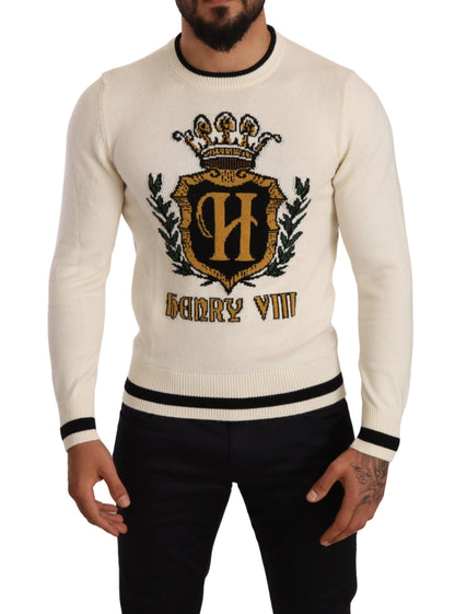 Dolce &amp; Gabbana White Heraldic Cashmere Pullover Sweater