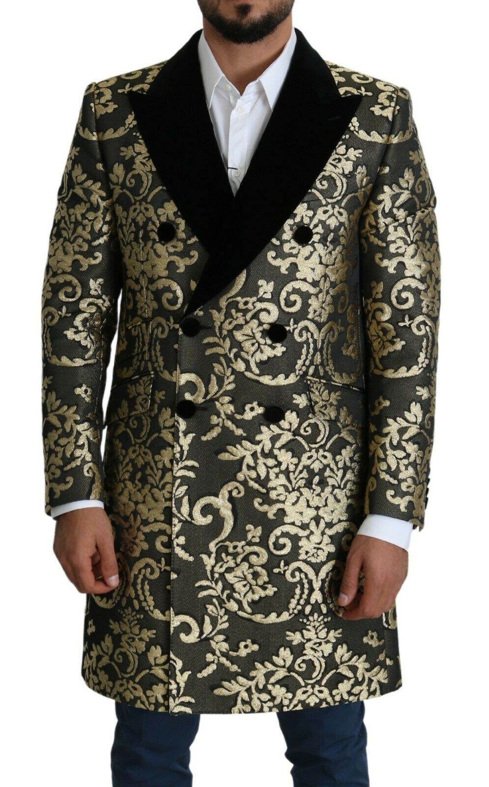 Dolce &amp;amp; Gabbana Svart Guld Jacquard Lång Kappa SICILIA Jacka