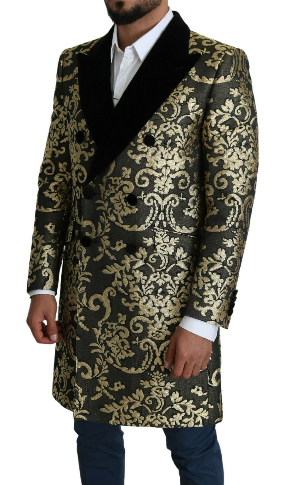 Dolce &amp;amp; Gabbana Svart Guld Jacquard Lång Kappa SICILIA Jacka