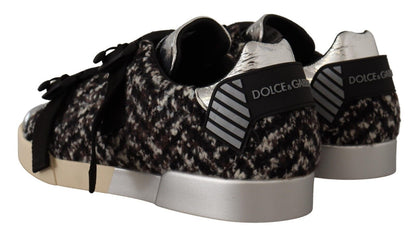 Dolce &amp; Gabbana Silver Leather Brown Cotton Wool Sneakers Shoes