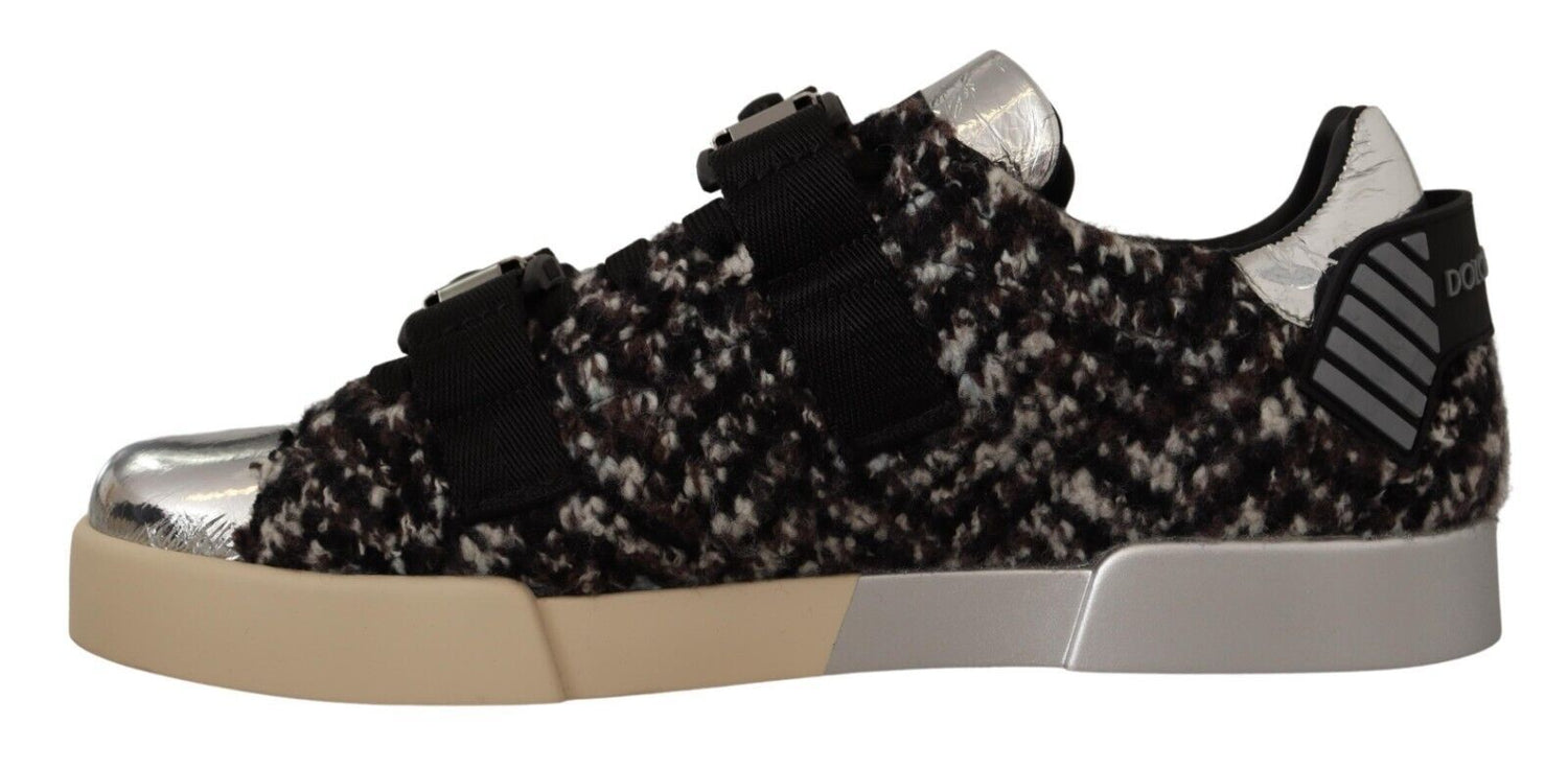 Dolce &amp; Gabbana Silver Leather Brown Cotton Wool Sneakers Shoes