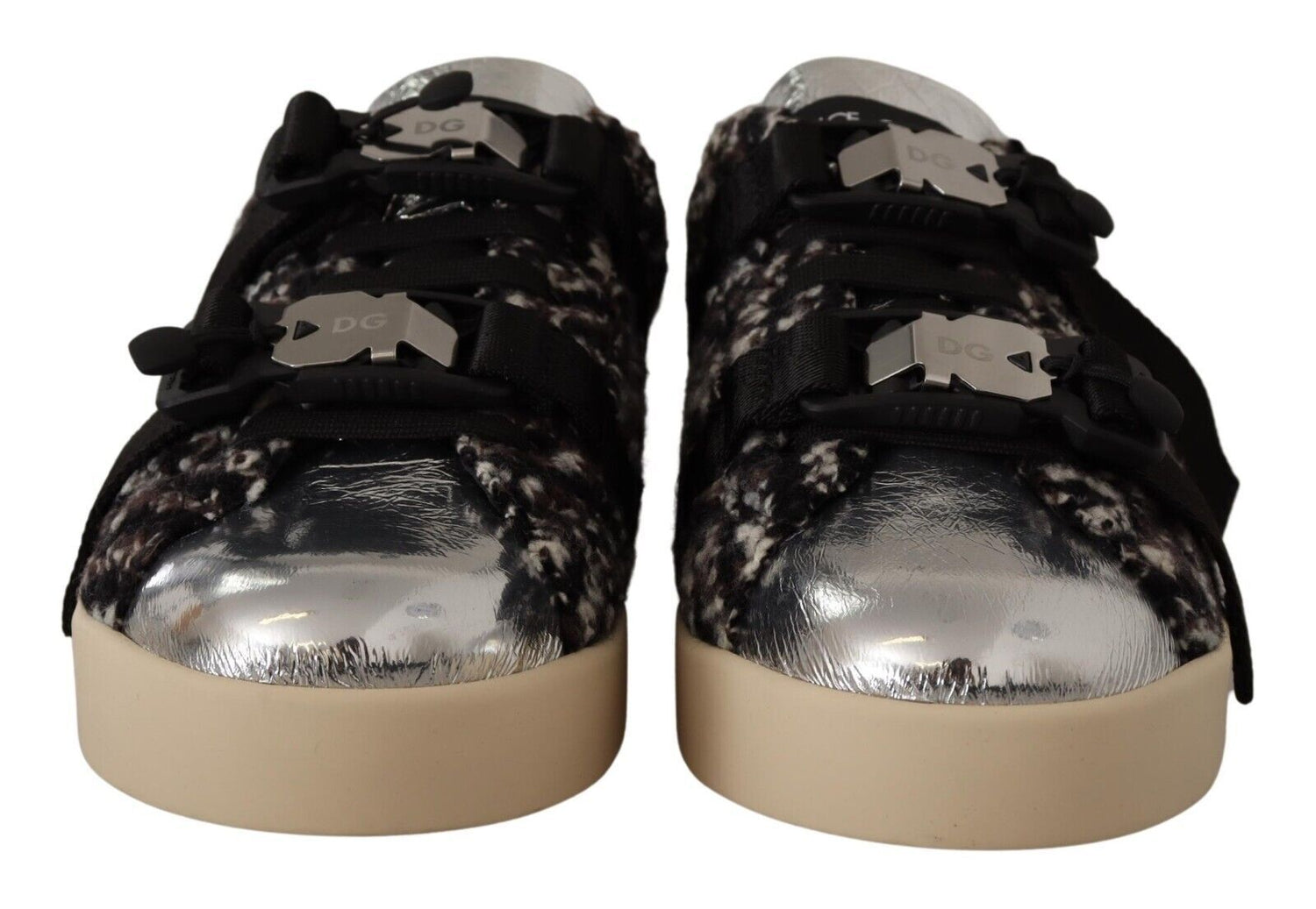 Dolce &amp; Gabbana Silver Leather Brown Cotton Wool Sneakers Shoes