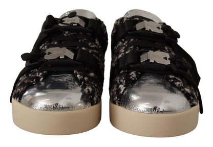 Dolce &amp; Gabbana Silver Leather Brown Cotton Wool Sneakers Shoes
