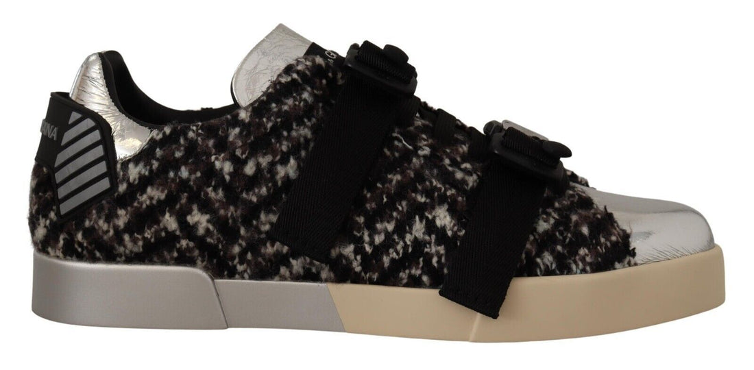 Dolce &amp; Gabbana Silver Leather Brown Cotton Wool Sneakers Shoes