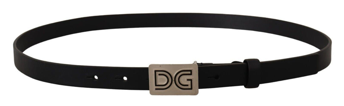 Dolce &amp; Gabbana Black Leather Silver DG Logo Buckle Belt
