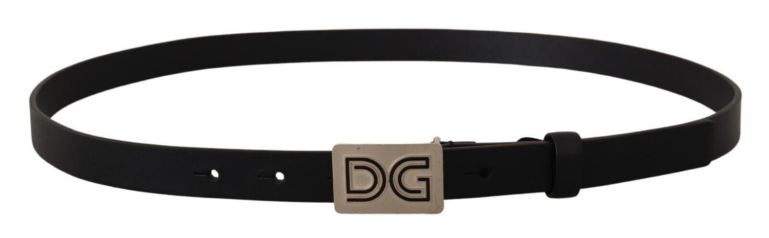 Dolce &amp; Gabbana Black Leather Silver DG Logo Buckle Belt