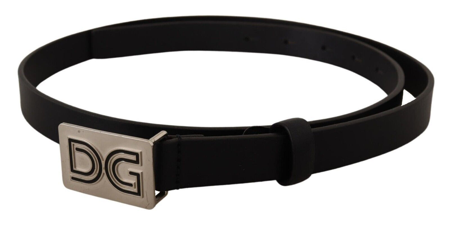 Dolce &amp; Gabbana Black Leather Silver DG Logo Buckle Belt