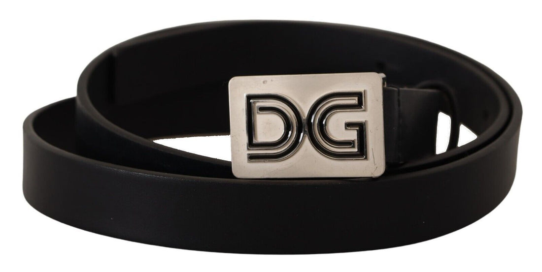Dolce &amp; Gabbana Black Leather Silver DG Logo Buckle Belt