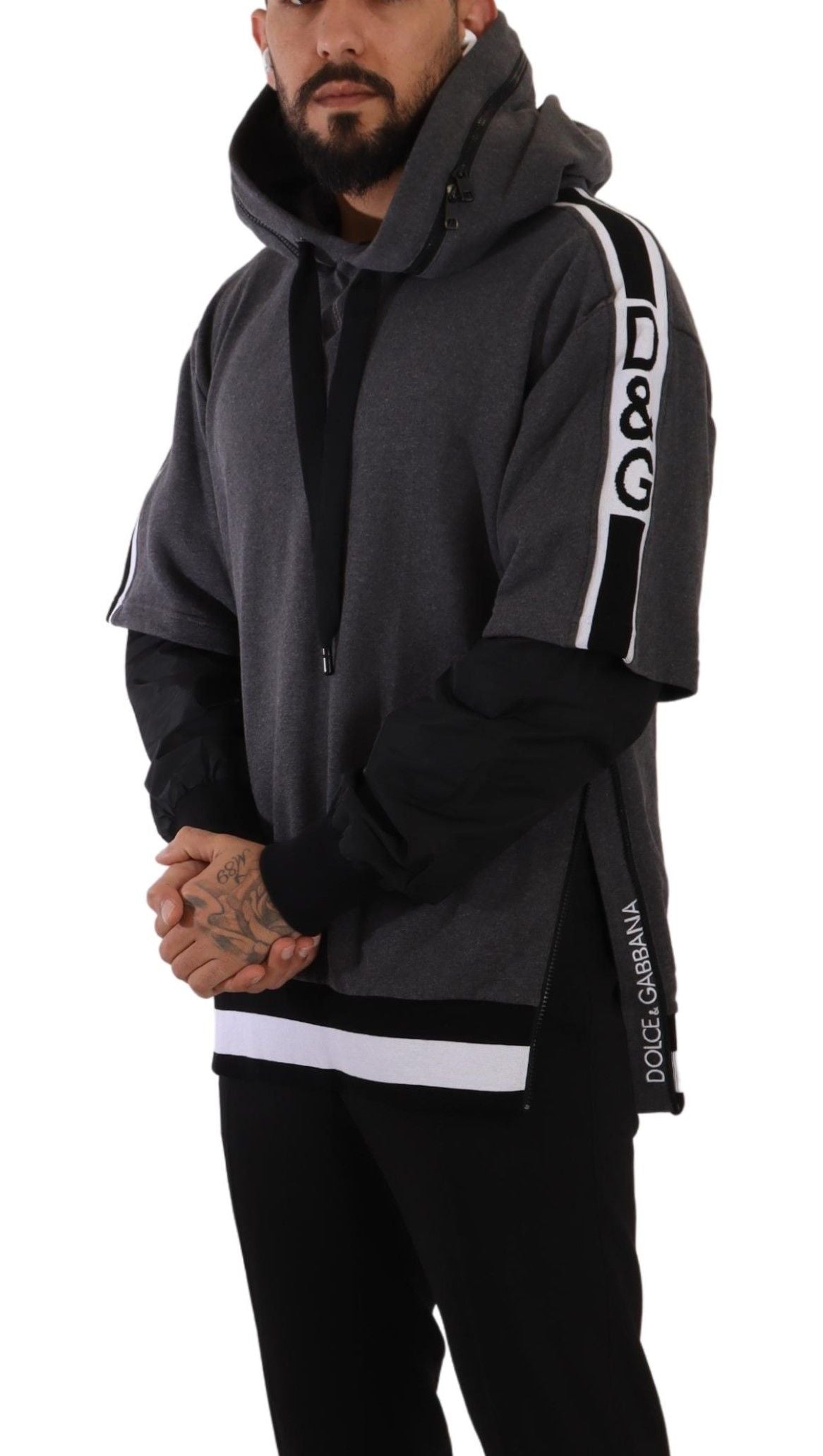 Dolce &amp; Gabbana Gray Black Cotton Hooded 