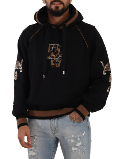 Dolce &amp; Gabbana Black Brown Leopard Cotton Hooded Pullover Sweater