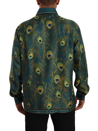 Dolce &amp;amp; Gabbana Påfågelfjädermönstrad Sidenpyjamas Herrskjorta