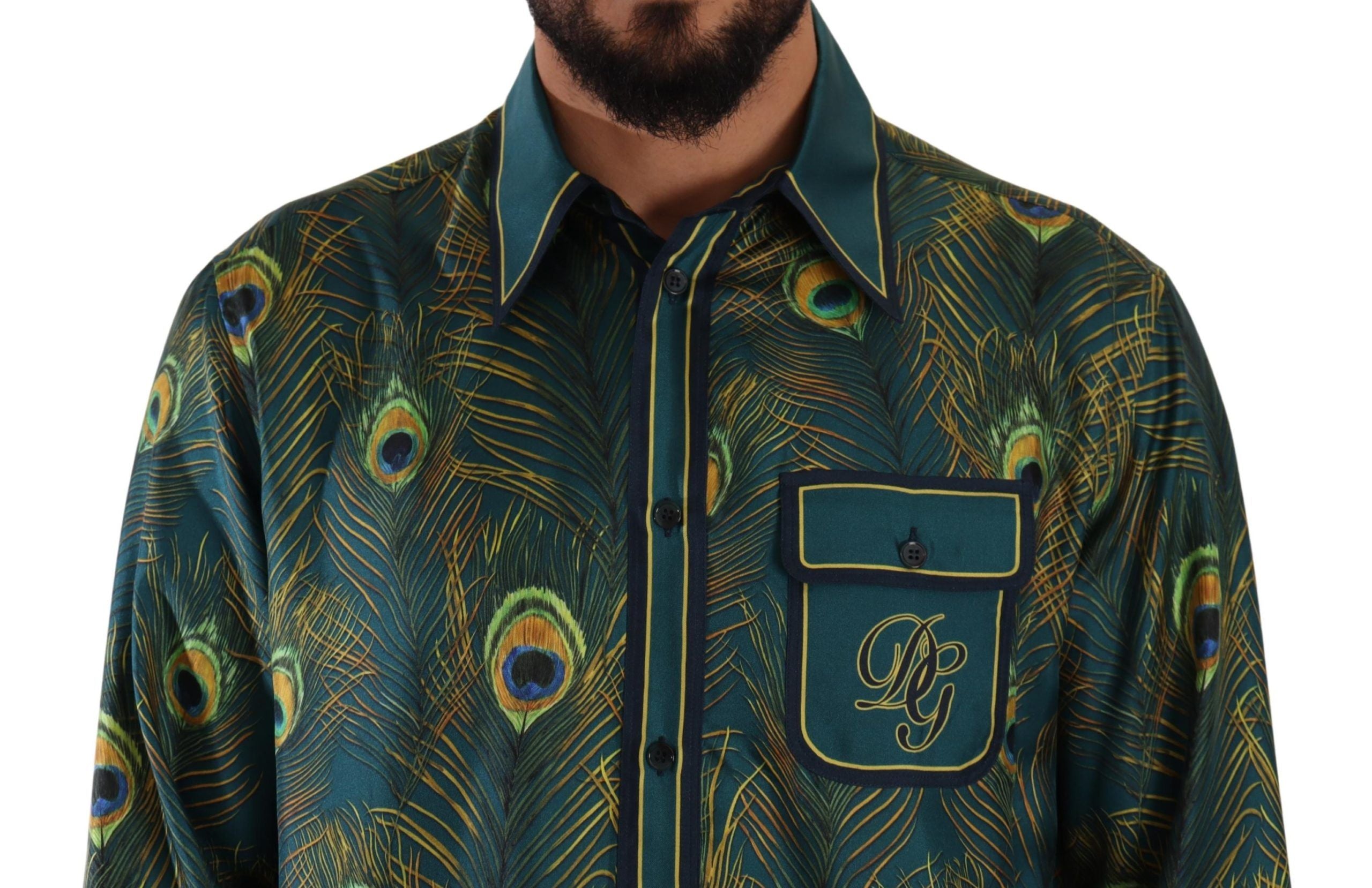 Dolce &amp;amp; Gabbana Påfågelfjädermönstrad Sidenpyjamas Herrskjorta