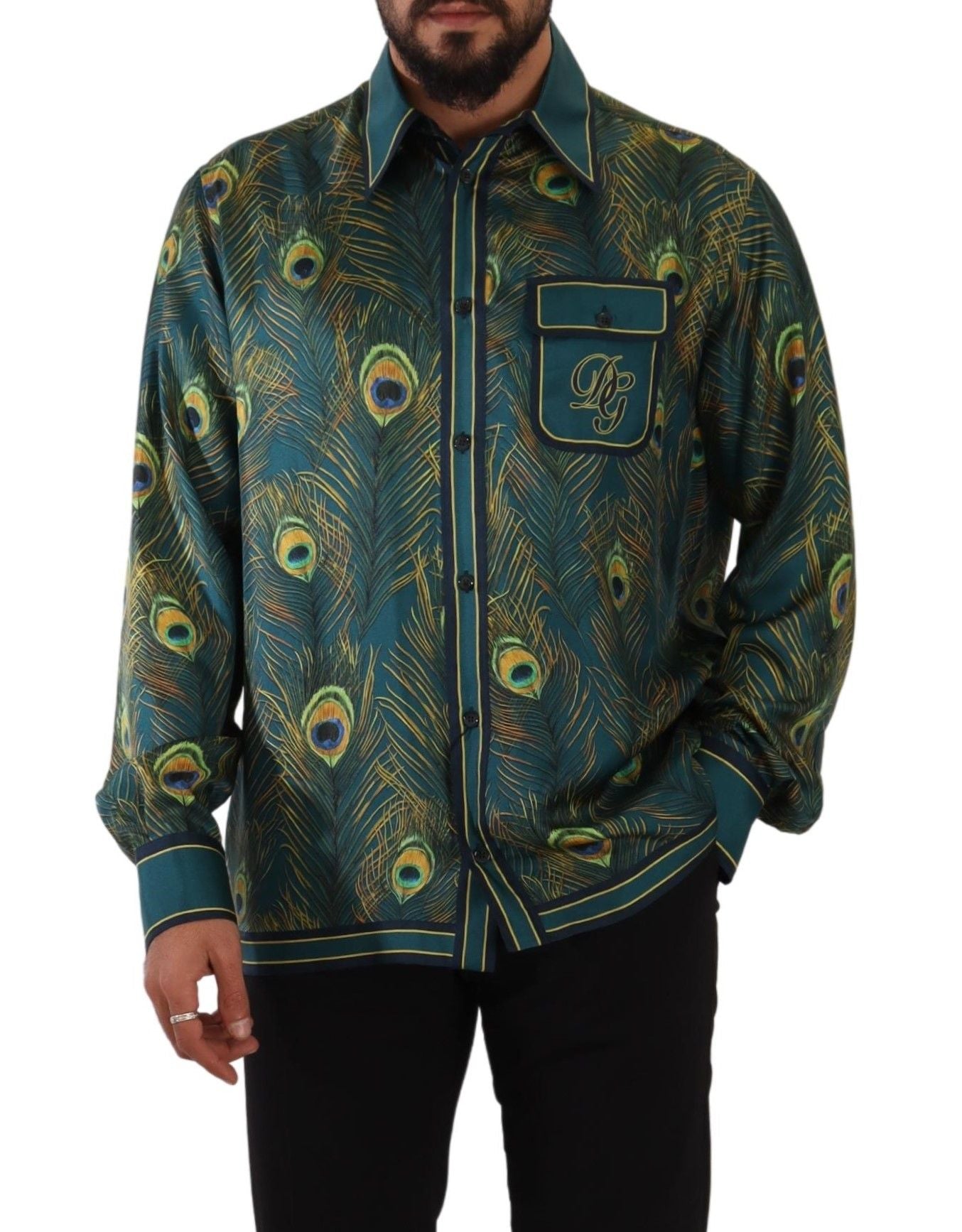 Dolce &amp;amp; Gabbana Påfågelfjädermönstrad Sidenpyjamas Herrskjorta