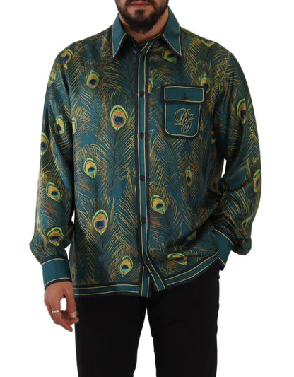 Dolce &amp;amp; Gabbana Påfågelfjädermönstrad Sidenpyjamas Herrskjorta