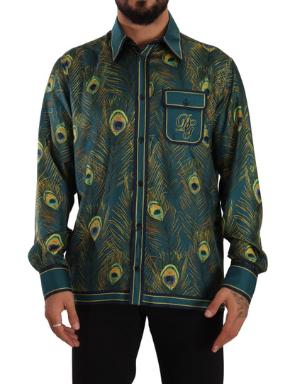 Dolce &amp;amp; Gabbana Påfågelfjädermönstrad Sidenpyjamas Herrskjorta