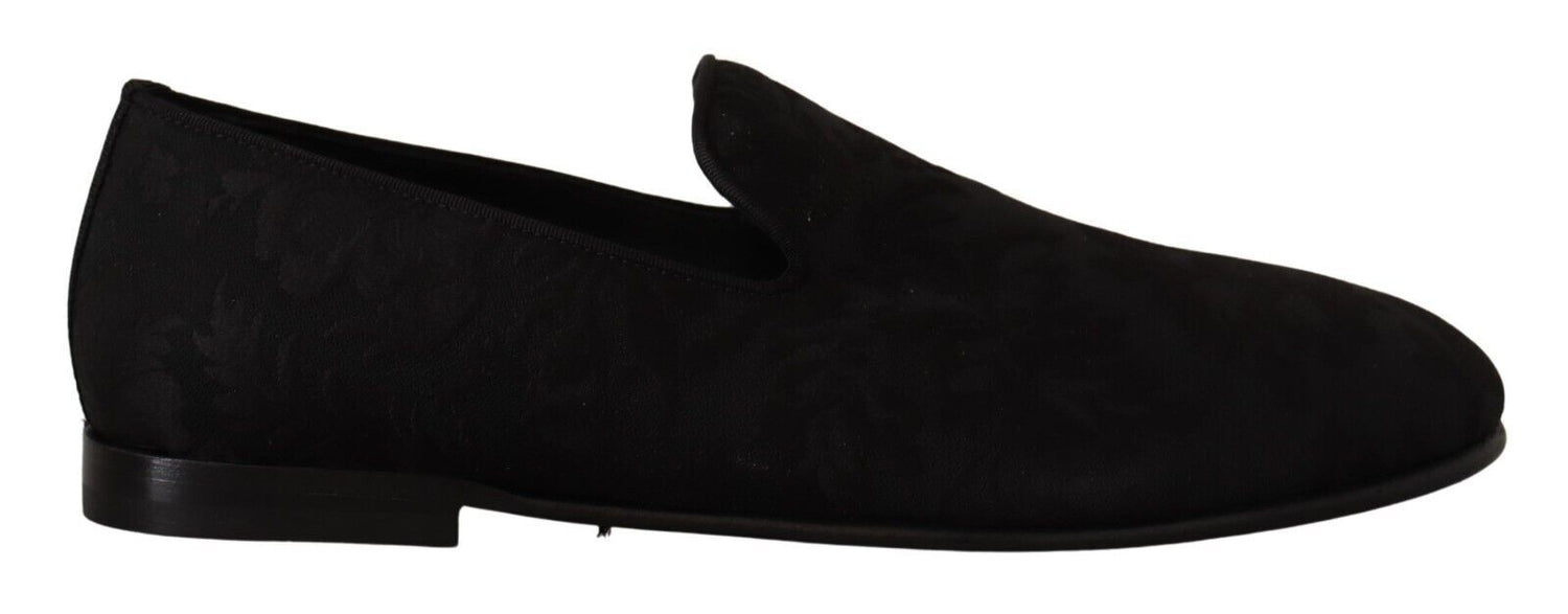 Dolce &amp;amp; Gabbana Svarta Jacquard Tofflor Platta Loafers Skor