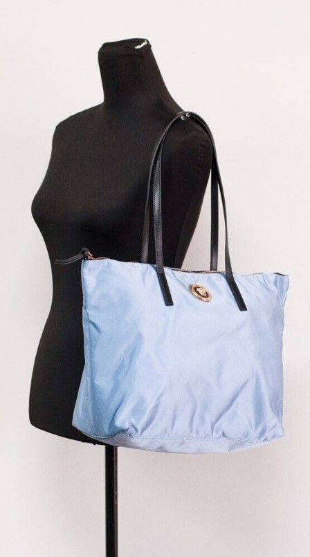Versace Portuna Medusa Medium Blåklint Blå Nylon Läder Tote Bag Plånbok