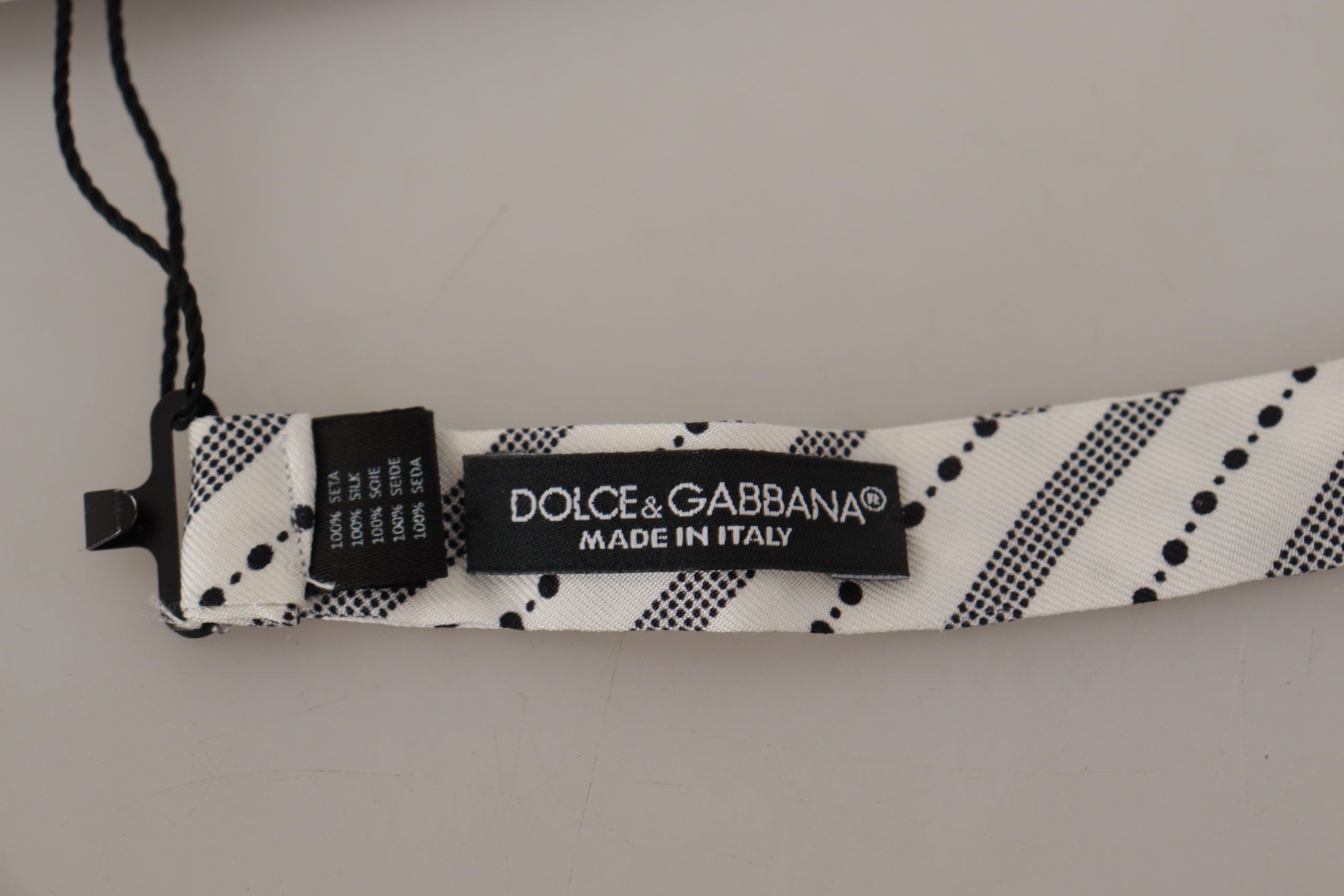 Dolce &amp; Gabbana White Black Polka Dot 100% Silk Neck Papillon Bow Tie