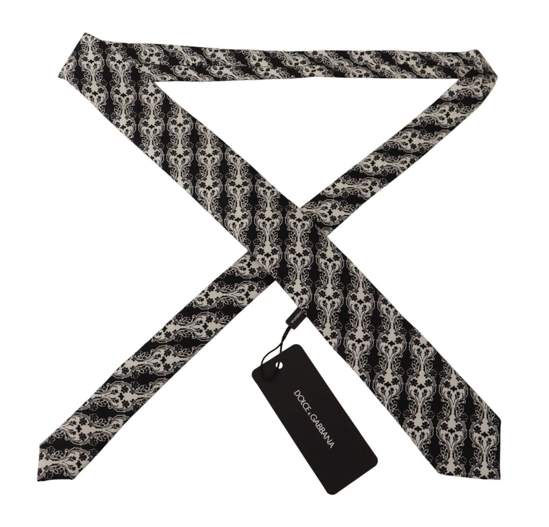 Dolce &amp; Gabbana Black White Flower 100% Silk Print Adjustable Accessory Tie