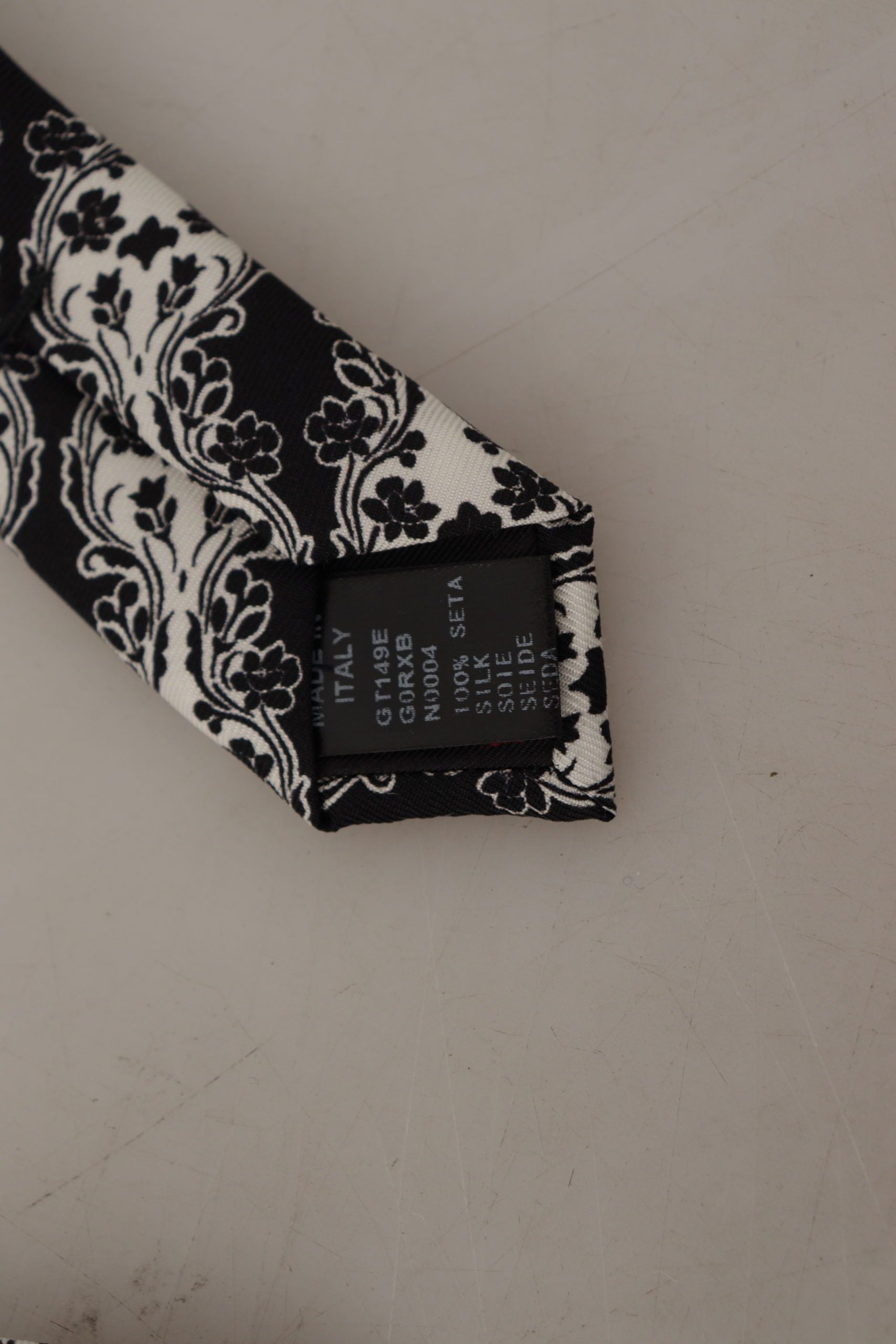 Dolce &amp; Gabbana Black White Flower 100% Silk Print Adjustable Accessory Tie