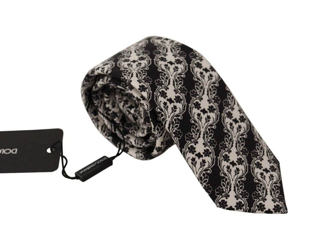 Dolce &amp; Gabbana Black White Flower 100% Silk Print Adjustable Accessory Tie