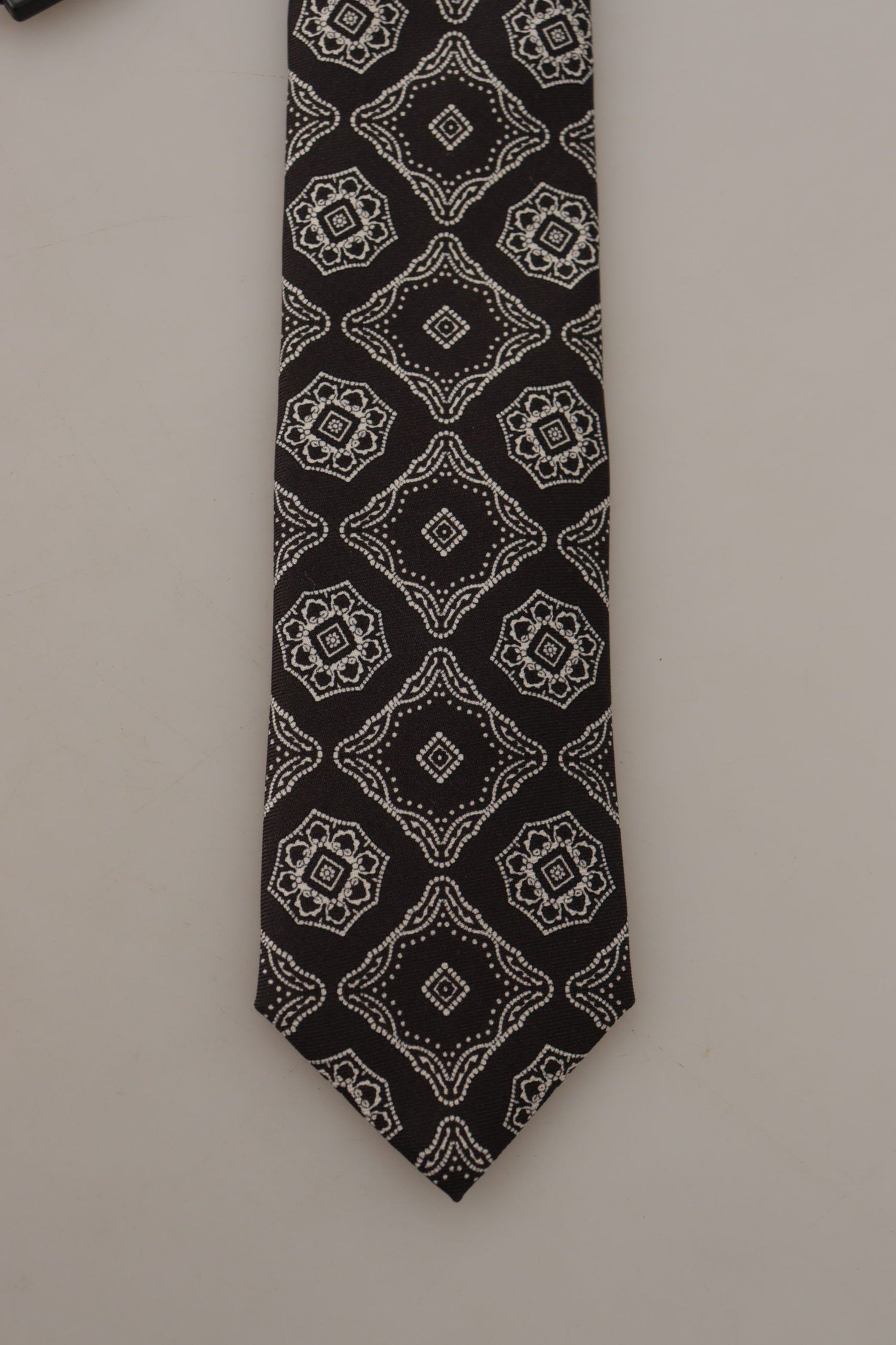 Dolce &amp; Gabbana Black White Square Geometric Print Adjustable Accessory Tie