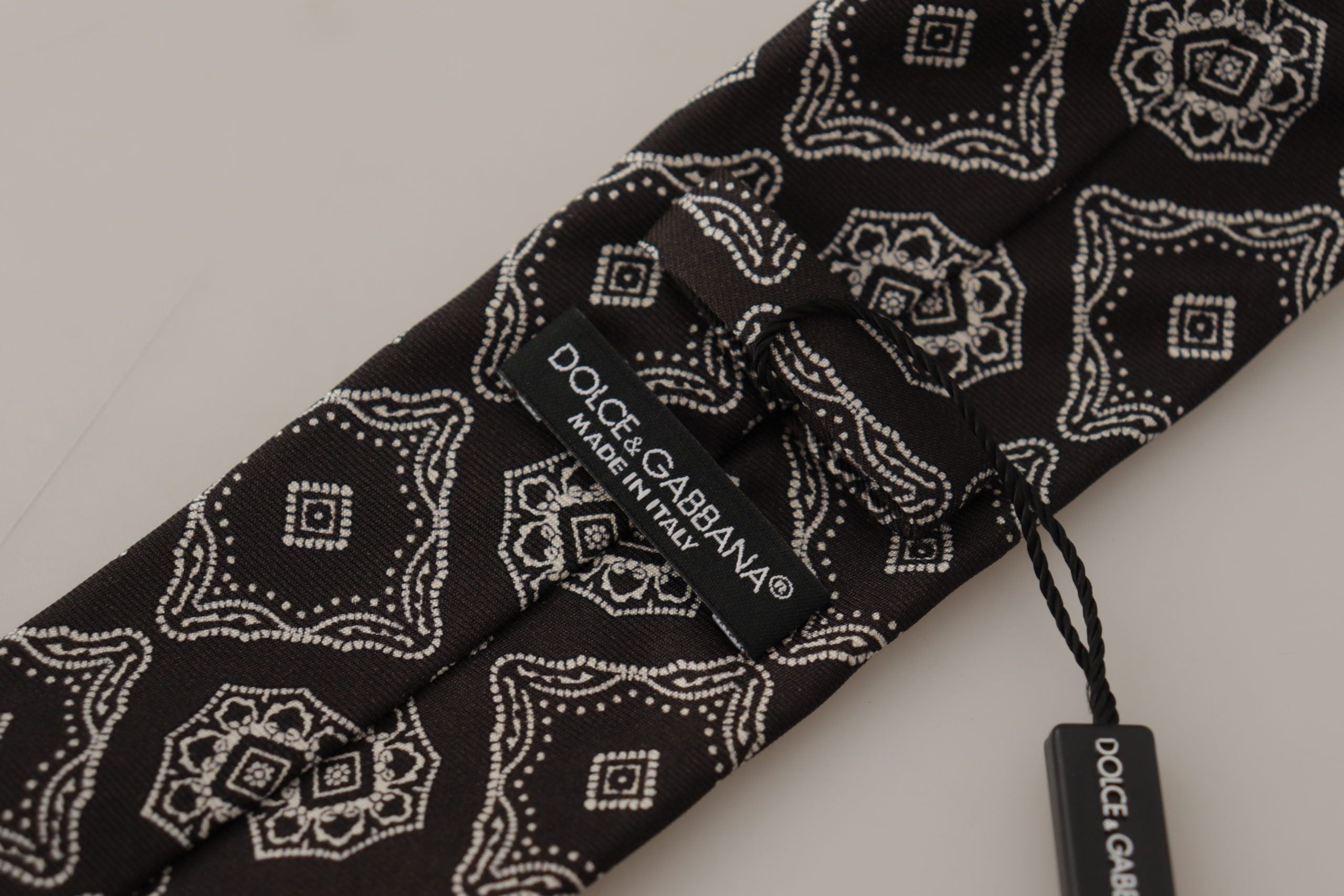 Dolce &amp; Gabbana Black White Square Geometric Print Adjustable Accessory Tie