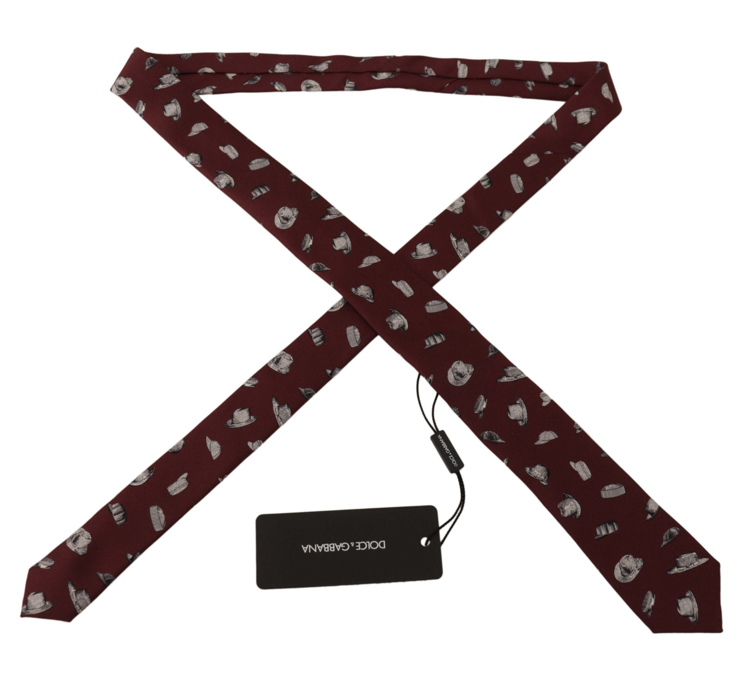 Dolce &amp; Gabbana Maroon Hat Pattern 100% Silk Adjustable Accessory Tie