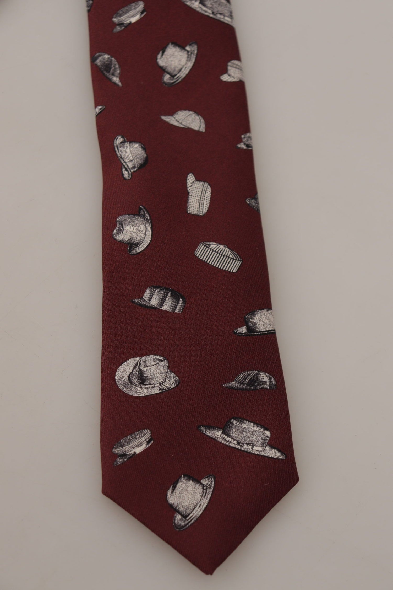 Dolce &amp; Gabbana Maroon Hat Pattern 100% Silk Adjustable Accessory Tie
